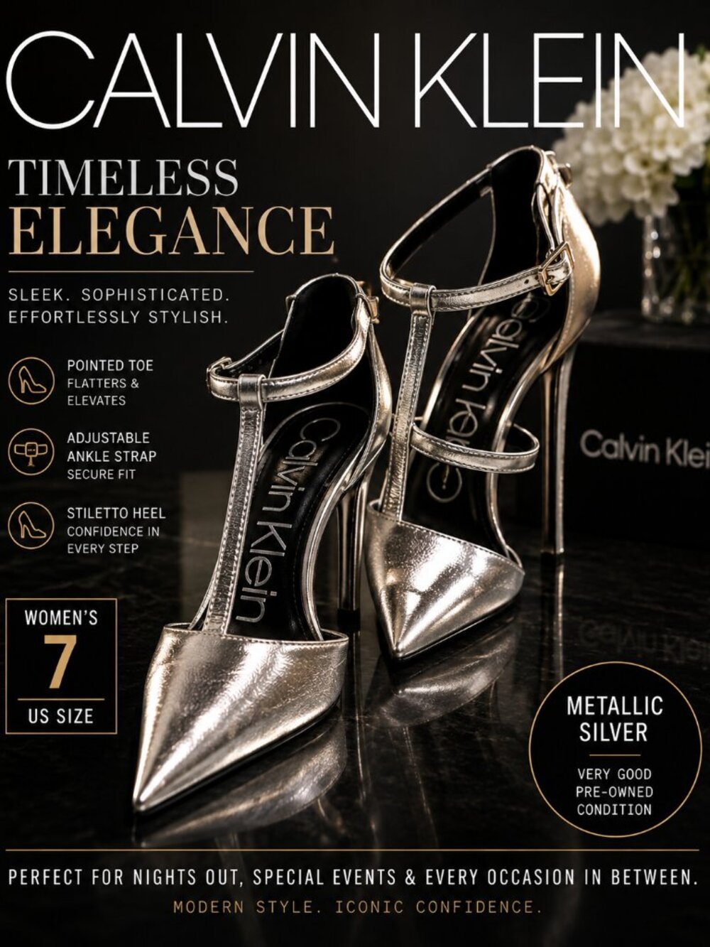 Calvin Klein Silver Metallic T-Strap Pointed Toe Stiletto Heels Pumps Size 7M